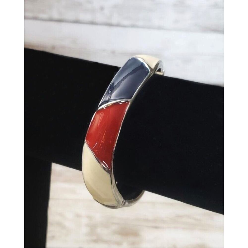 Vintage Hinged Bracelet 1980's Color Block Enamel Red Cream Blue Geometric Wavy